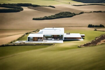 View of a modern house located in middle of a field - Generative AI