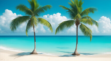 Two palms are on a beach the ocean in the style of serene oceanic vistas. Generative AI.