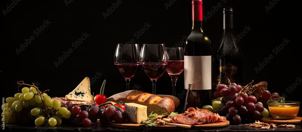 Poster wine bottles and glasses on a table, representing wine drinking culture. it portrays appetizers and 