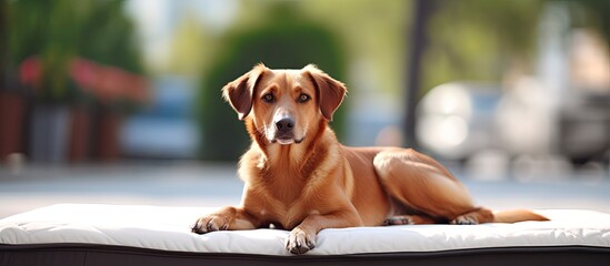 Pet Care. A charming, calm dog of mixed breed resting on a refreshing mat during a hot summer day, with a white wall in the background. Ample room to add text.