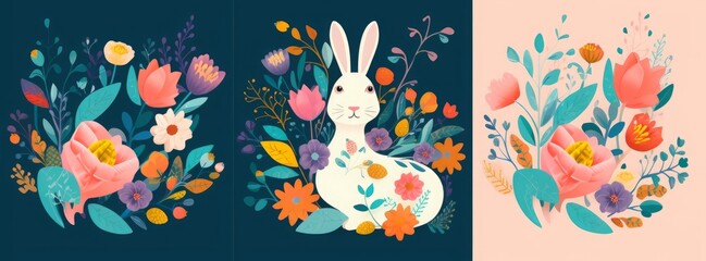 Floral spring colourful trendy background and wallpaper with decorative bunny, Generative AI