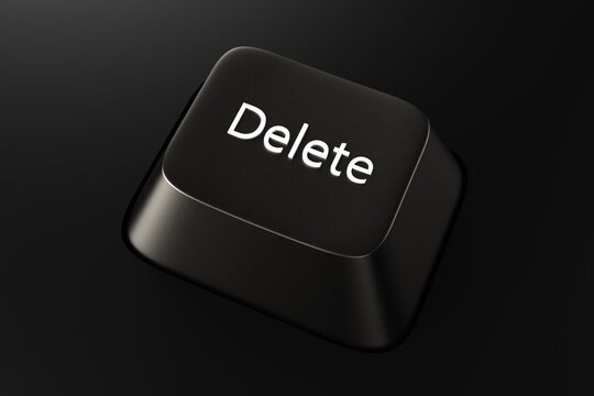 Black keyboard button with the word Delete on a black background. 3d rendering illustration.