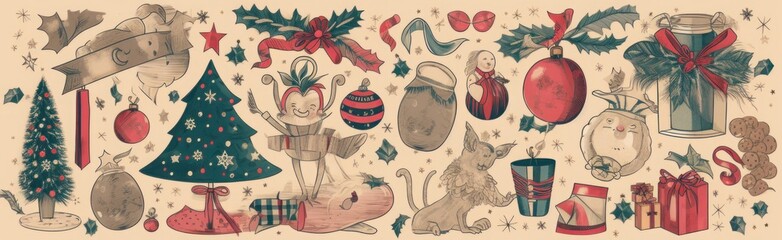 Naklejka premium Christmas decorative banner with funny Santa Claus, nutcracker, gift boxes and many others. Big Christmas collection in Scandinavian style with traditional Christmas and New Year, Generative AI