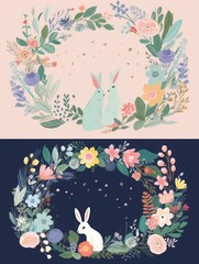 Beautiful romantic flower frames with flowers, leaves, floral bouquets, flower compositions..Easter collection with bunny and flowers, Generative AI