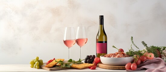 A bottle of pink wine with an appetizer set is featured in a romantic dinner scene on a light gray stone background. represents Mediterranean food and drinks for a wine party dinner.