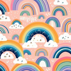 Abstract colorful trendy summer rainbows with clouds. illustrations. Summer colorful pattern design. Funny rainbows for Party decoration, Generative AI
