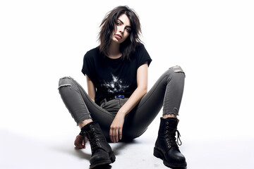 Fototapeta premium woman exuding 90s Grunge Revival vibes while confidently rocking distressed jeans, isolated on white background