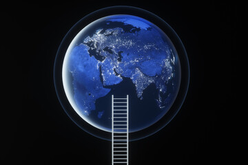 Planet EARTH with stairs at night on a black background. 3d rendering illustration.