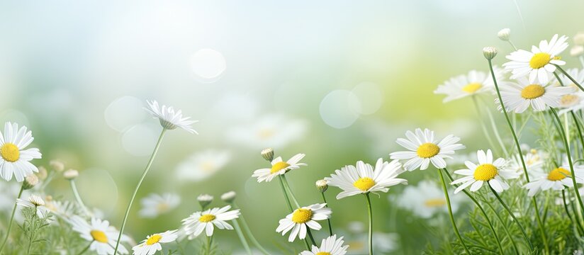 Gorgeous wild flowers - Chamomile, create a beautiful landscape in warm green colors during spring and summer. It is a wide format image with copy space.