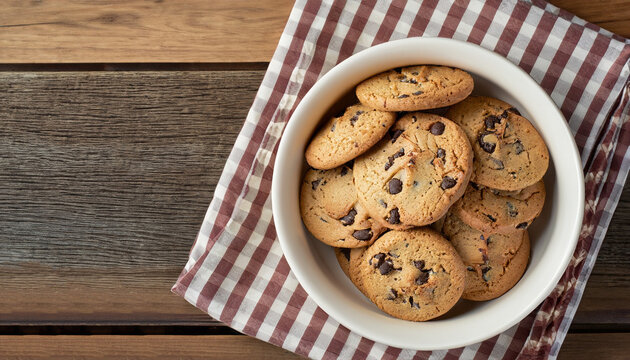 Top view and overhead shot of chocolate chip cookies in cup bowl on napkin with rustic wooden background