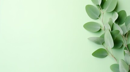 a branch of eucalyptus placed on a pastel green background, presented in a flat lay arrangement with a top-down view