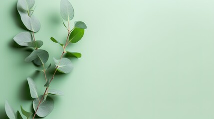 a branch of eucalyptus placed on a pastel green background, presented in a flat lay arrangement with a top-down view