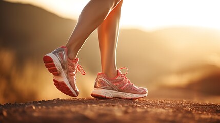 close-up of female legs in running shoes in the warm and beautiful sunlight