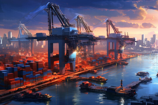 Ports of Tomorrow: futuristic container ports equipped with automated cranes and smart logistics systems, illustrating the efficiency and technological advancements in global trade