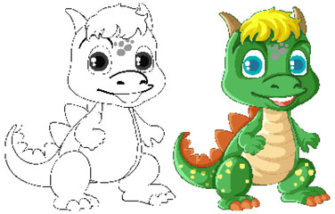 Dinosaur cartoon and its doodle coloring character