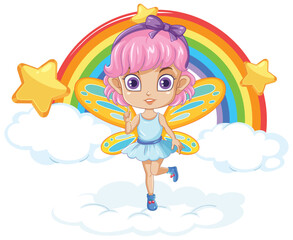 Obraz na płótnie Canvas Fairy Girl on Cloud with Rainbow