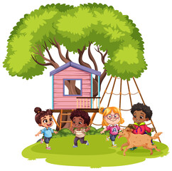 Multicultural Kids and Dog Playing at Playground