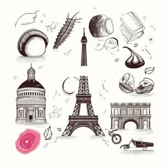  hand drawn illustration with Paris symbols, Generative AI