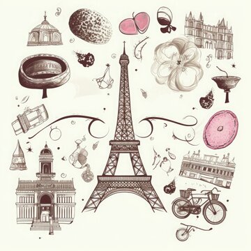  hand drawn illustration with Paris symbols, Generative AI