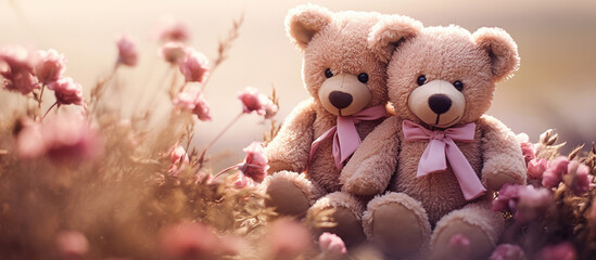 Fototapeta premium Couple teddy bears hugging flowers garden green grass, Valentine's day concept. Generative AI