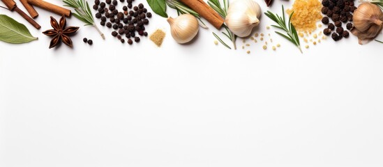 The background of the photo shows a top view of dry spices such as ginger, garlic, rosemary, and laurel leaf on a white background. copy space available.