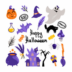 Set of stickers for Halloween holiday. Vector illustration in doodles. Witch castle, pumpkin and magic symbols.