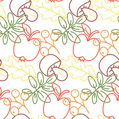 Vector seamless pattern of colored contours of autumn harvest foliage, apples, berries, mushrooms in the style of a doodle. Contour background, texture. Theme forest, happy autumn, Thanksgiving