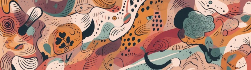 Naklejka premium Decorative abstract horizontal banner with colorful doodles. Hand-drawn modern illustration, Generative AI