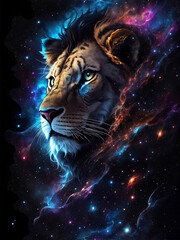 Illustration of a Lion King Head in Space Nebula with Glowing Background. Esoteric Horoscope and Fortune Telling Concept Design for Poster, Banner, Invitation, Greeting Card or Cover. Ai Generated.