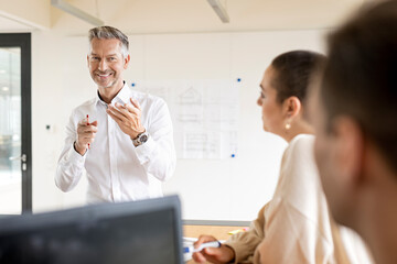 Smiling mature businessman leading a meeting in office