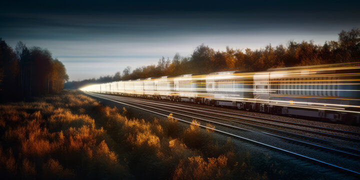 Dynamic image capturing a cargo train traversing the countryside at high speed, adorned with a digital light trail emphasizing modern transport connectivity and efficiency. Generative AI