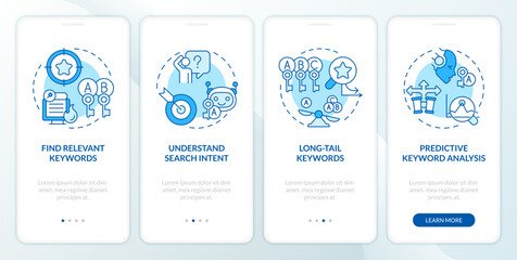 2D blue icons representing AI for SEO mobile app screen set. Walkthrough 4 steps graphic instructions with line icons concept, UI, UX, GUI template.