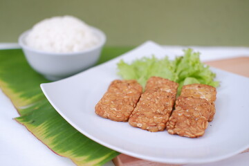 Fried tofu with rice on white dish and green leaf background.