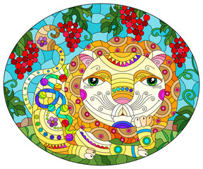 An illustration in the style of a stained glass window with a cute cartoon lion on the lawn against a background of grapes and blue sky
