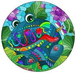 An illustration in the style of a stained glass window with a bright cartoon frog on a stone against a background of lotus, grass and blue sky, oval image