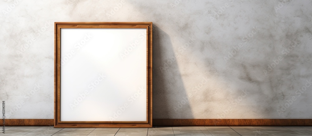 Poster a vintage wooden frame is placed on a white cement wall and black marble floor with a shadow in the 