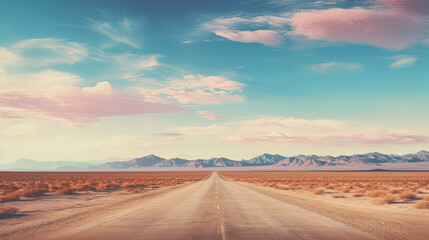 Adventure desert road with mountains and blue sky. AI generated