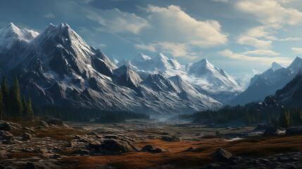 Futuristic landscape with mountains and clouds. AI generated