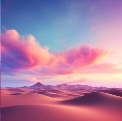 Fototapeta na wymiar Futuristic pink desert, sandy hills on a blue sky with pink clouds. AI generated
