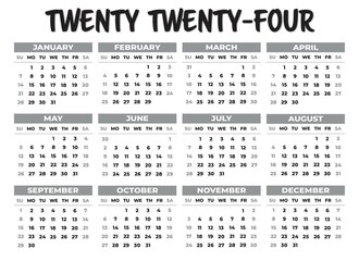 2024 Sunday Start Horizontal Calendar Template, Simple layout of pocket or wall calenders. Desk calendar template. Yearly Stationery organizer in minimal design