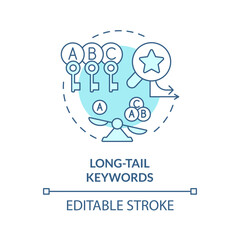 Editable long tail keywords icon concept, isolated vector, AI for SEO blue thin line illustration.