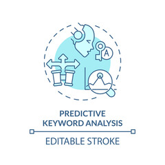 Editable predictive keyword analysis icon concept, isolated vector, AI for SEO blue thin line illustration.