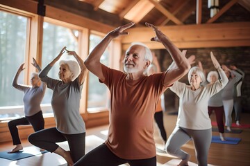 A group of diverse old athletic retirees in tracksuits doing yoga in a yoga class at a retreat center