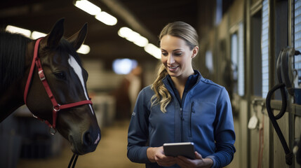 A veterinarian with tablet stands next to a horse in the background of a stall. Created with Generative AI technology. - Powered by Adobe