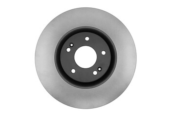 Car brake disc isolated on white background. Auto spare parts. Perforated brake disc rotor isolated on white. Braking ventilated discs. Quality spare parts for car service or maintenance