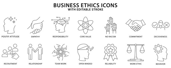Business Ethics Icons. Set icon about business ethic. Business Ethics Line Icons. Vector Ilustration. Editable stroke.