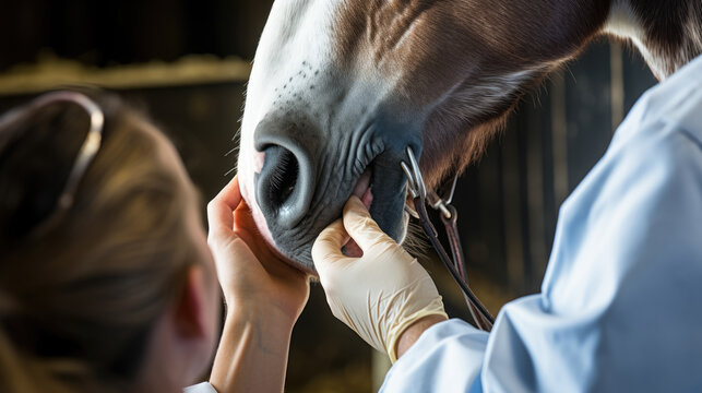 Veterinarian examines the horse against the backdrop of the stall. Created with Generative AI technology.