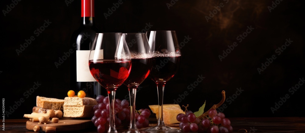 Poster glasses of wine with grapes and corks on a dark background, with room for text.