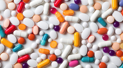 A lot of colorful medication and pills. Top view.Created with Generative AI technology.