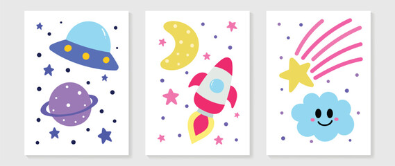Kids wall art vector collection. Cute hand drawn design with cloud, star, rocket, spacecraft. Wallpaper background design for kid room decoration, Nursery wall art, Baby and toy card and cover.